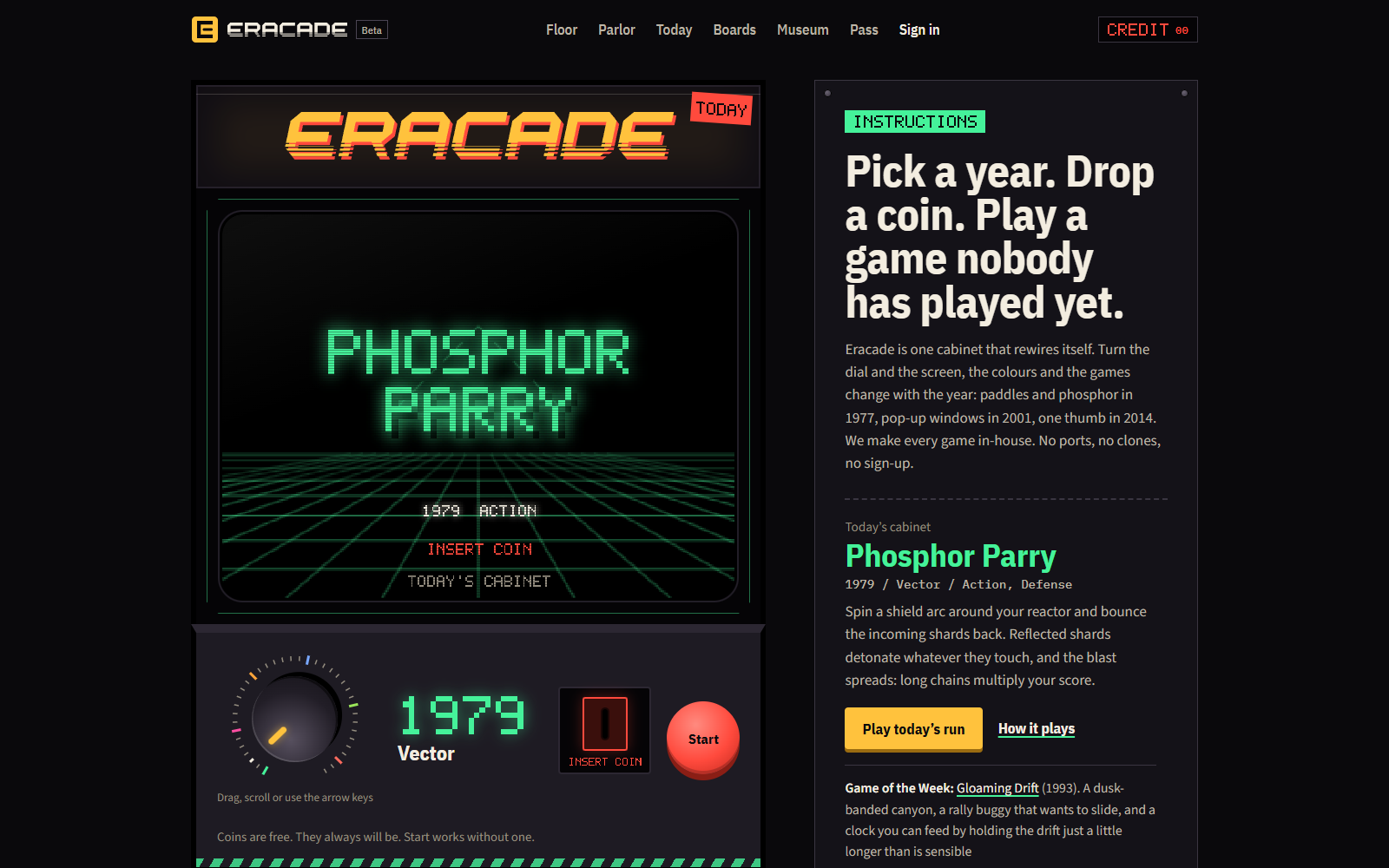 The Eracade home page: a virtual arcade cabinet with a year dial.